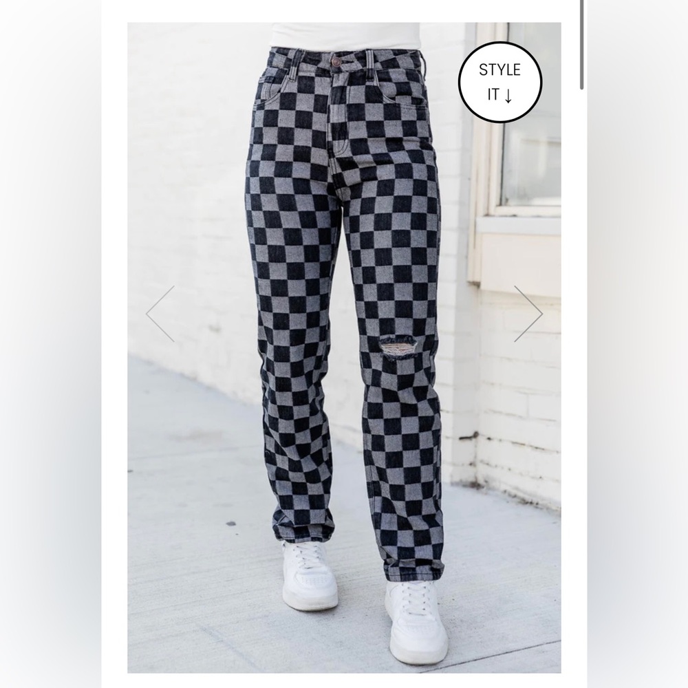 🔥 Pink Lily Mallory Black And Grey Checkered High Waisted Straight Leg Jeans